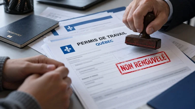 Formulaire de permis de travail du Québec tamponné « NON RENOUVELÉ » avec un passeport sur la table